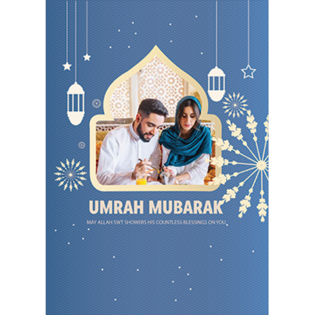 Simple Blue and Beige Umrah Mubarak card with a personalised photo in the arch