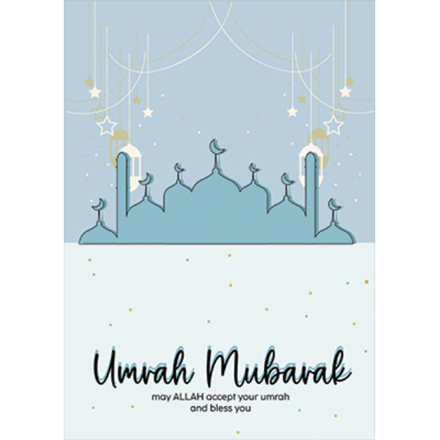 Simple Umrah Mubarak card with illustrations of Mosques