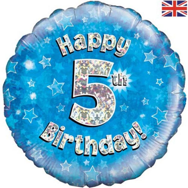 Picture of 18 inch Happy 5th Birthday Blue Foil Balloon.
