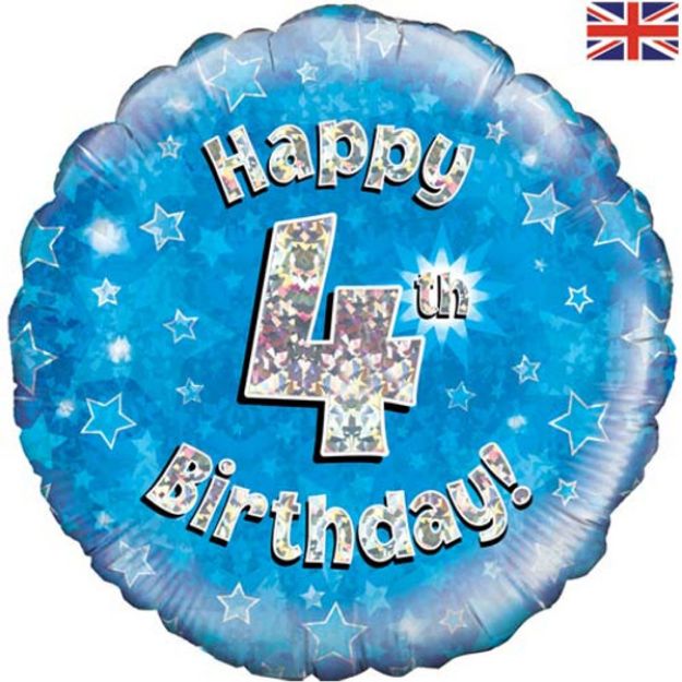 Picture of 18 inch Happy 4th Birthday Blue Foil Balloon.