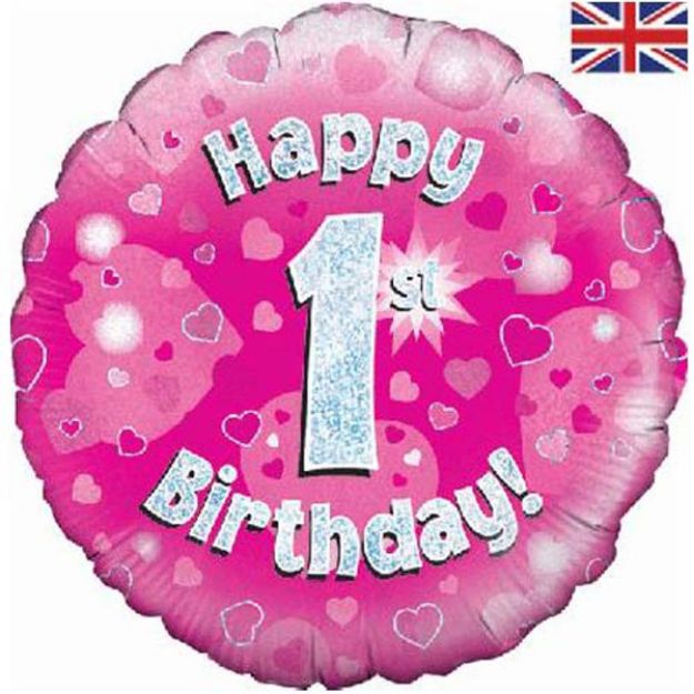 Picture of 18 inch Happy 1st Birthday Pink Foil Balloon.