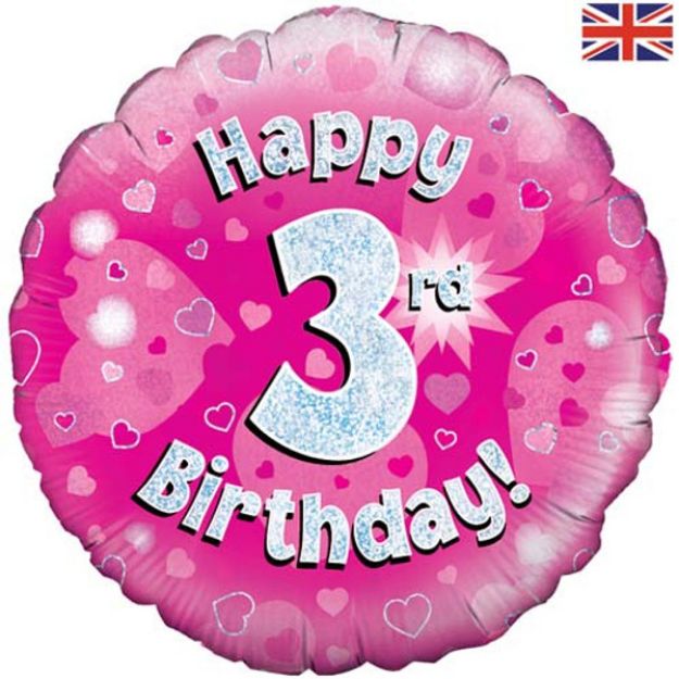 Picture of 18 inch Happy 3rd Birthday Pink Foil Balloon.