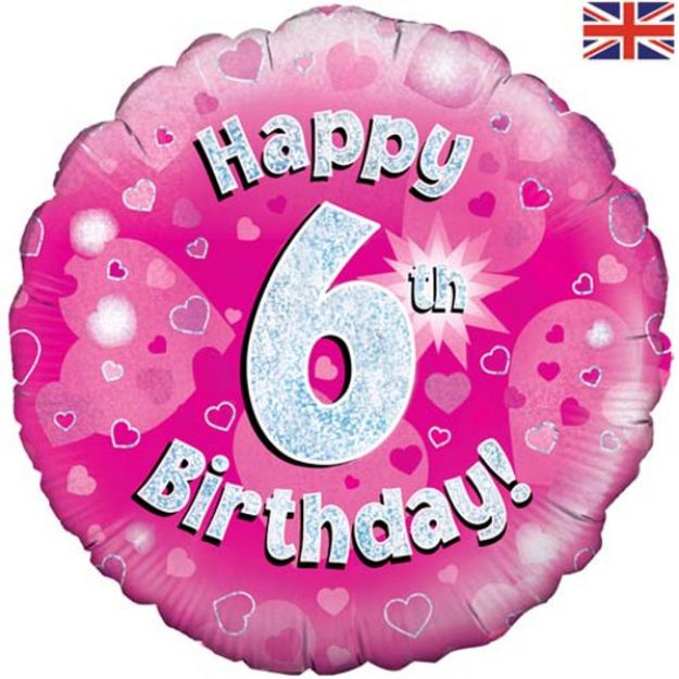 Picture of 18 inch Happy 6th Birthday Pink Foil Balloon.