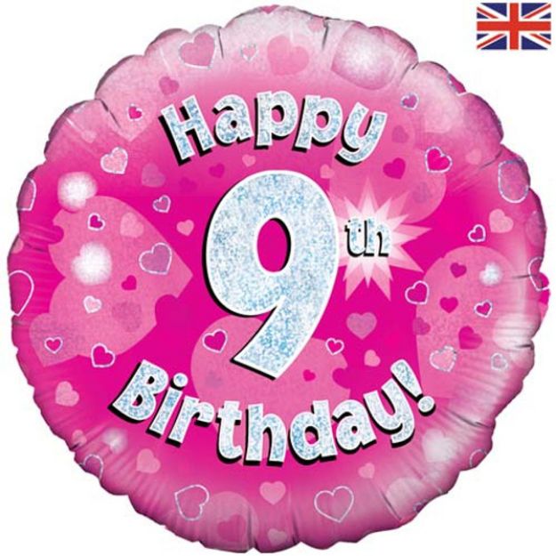 Picture of 18 inch Happy 9th Birthday Pink Foil Balloon.