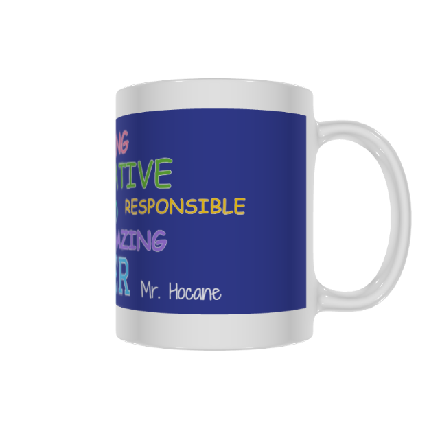 ALT  “White ceramic mug with blue background featuring colorful typography with positive words like ‘ENCOURAGING,’ ‘EDUCATED,’ ‘HELPFUL,’ and ‘TEACHER’ – a thoughtful, personalized gift for educators.”